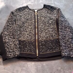 Chicos Full Zip Sweater Knit Cardigan Jacket Size 3 Black Tweed Animal Leopard